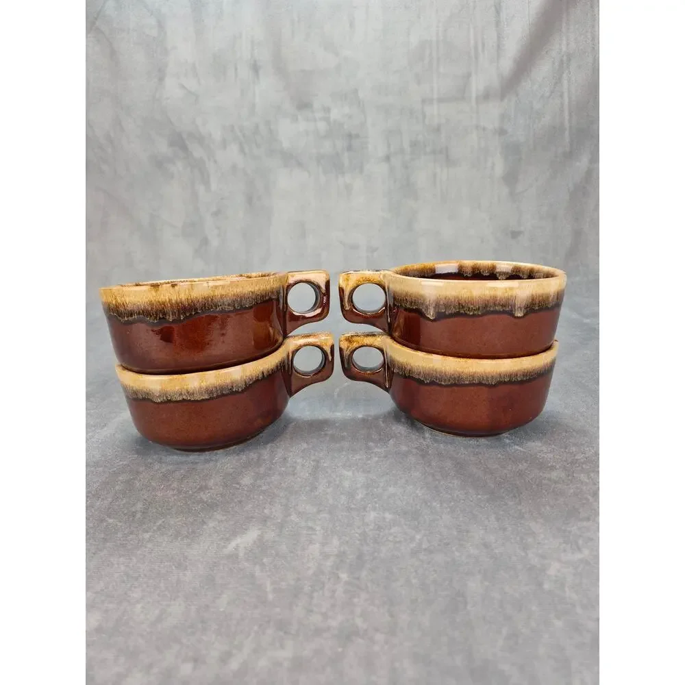 Monmouth Western Stoneware Brown Drip Pottery Soup Chili Bowl Mugs Set of 4 VTG